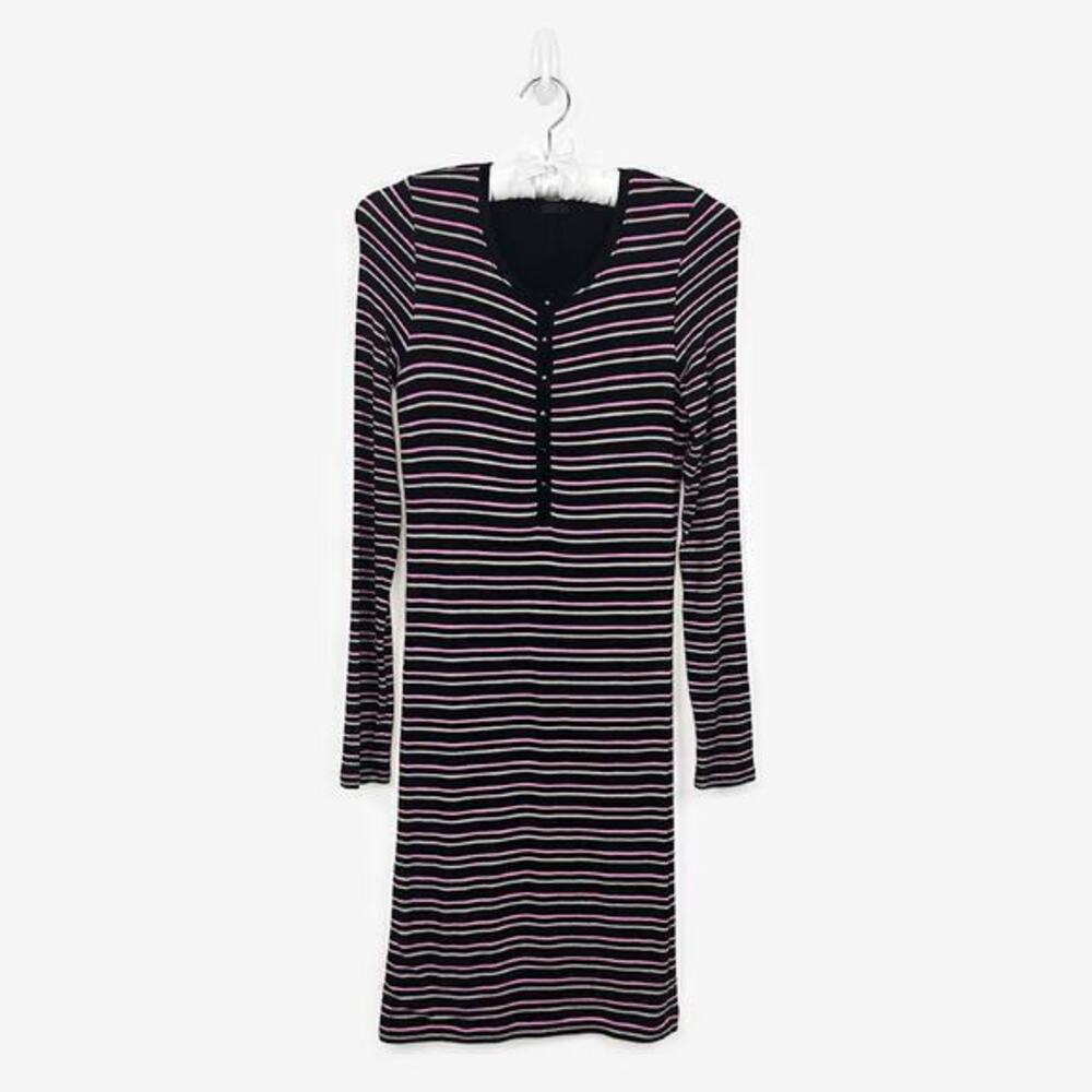 ATM‎ Striped Henley Midi Dress Size M Black Bodycon Ribbed Casual Chic Softcore